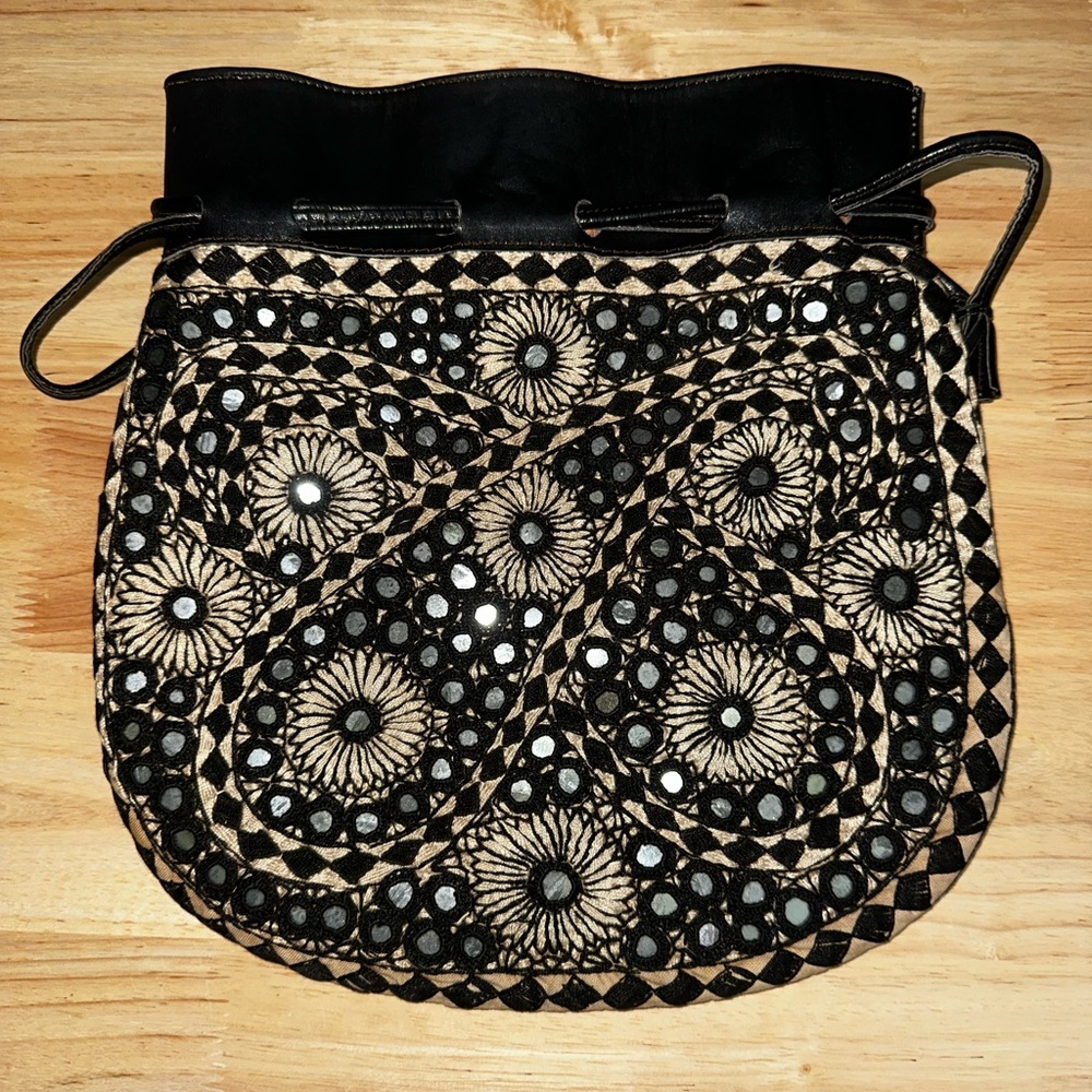 70s Black Leather Embroidered Drawstring Tote Shisha Mirror